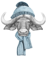 Portrait of Buffalo with hat and scarf. Hand-drawn illustration.