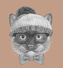 Portrait of Siamese Cat with glasses, hat and bow tie. Hand drawn illustration.