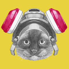 Portrait of Siamese Cat with gas mask. Hand drawn illustration.