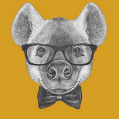 Portrait of Hyena with glasses and bow tie. Hand-drawn illustration.