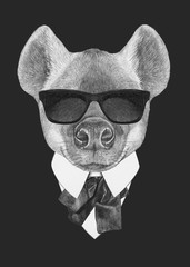Portrait of Hyena in suit. Hand-drawn illustration.
