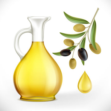 Glass jug with oil and olives with leaves on a branch.