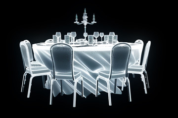 Conference Party Table with Chips in Hologram Wireframe Style. Nice 3D Rendering
