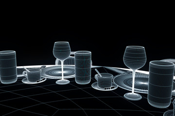 Conference Party Table with Chips in Hologram Wireframe Style. Nice 3D Rendering
