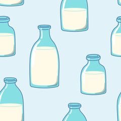 Seamless pattern with bottles of milk or yogurt. Hand-drawn style.