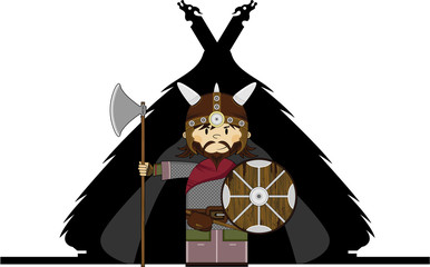 Cute Cartoon Viking Warrior and Hut