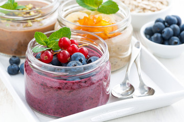 assorted breakfast of chia seeds and fruits in jars, closeup