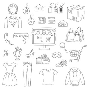 Vector set of hand drawn online shopping icons