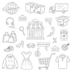 Vector set of hand drawn online shopping icons
