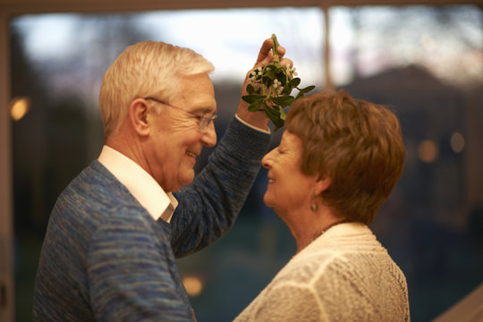 Romantic Senior Couple Holding Mistletoe