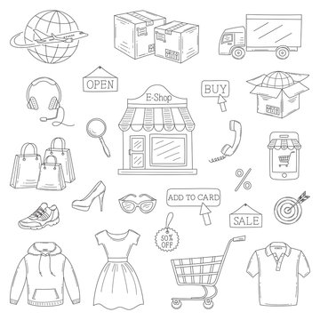 Vector set of hand drawn online shopping icons