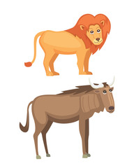 African animals cartoon vector set. lion and antelope safari isolated illustration