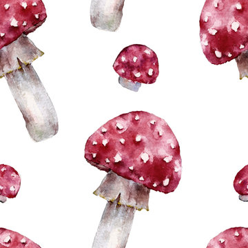Seamless pattern with amanita, fly-agaric. Watercolor illustration.
