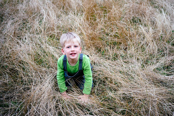 Blonde beautiful little boy playfully indulge on the grass in summer time.