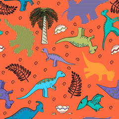 Child seamless background with stylized dinosaurs, silhouettes, plants