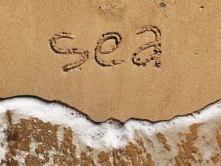 Sea beach  with waves and word sea on sand