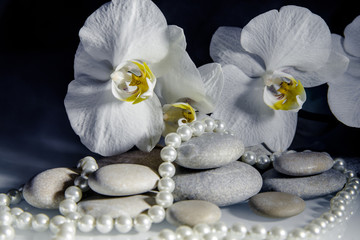 flat stones on a white glass on the background of white orchids 