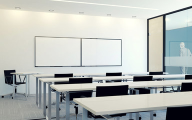 Modern interior of business conference room with blank monitor screen for presentation, 3D rendering