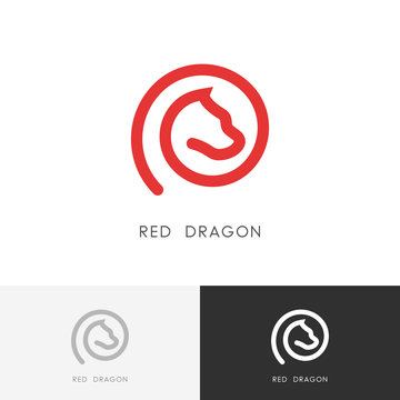 Red dragon logo - outline fairy tale animal symbol. Dog or horse icon.