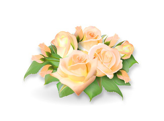 Roses bouquet. Tea-rose delicate yellow pink bouquet. Realistic rose. Not trace. Vector eps 10.