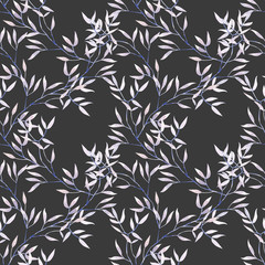 Seamless floral pattern with watercolor purple tree branches, hand drawn on a dark background
