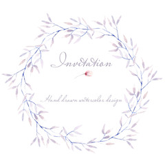 Fototapeta na wymiar Circle frame, border, wreath with watercolor tender purple tree branches, hand drawn on a white background, for invitation, card decoration and other works