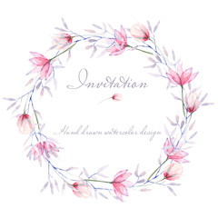 Circle frame, border, wreath with watercolor tender flowers and leaves in purple and pink shades, hand drawn on a white background, for invitation, card decoration and other works