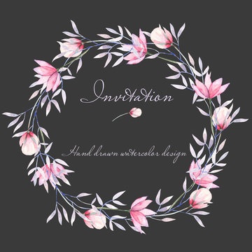 Circle frame, border, wreath with watercolor tender flowers and leaves in purple and pink shades, hand drawn on a white background, for invitation, card decoration and other works