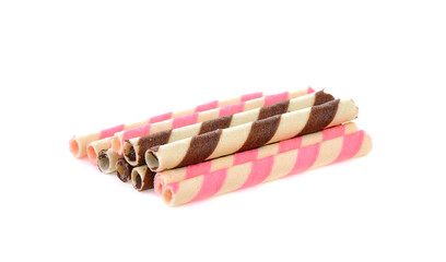 strawberry and chocolate wafer roll on white