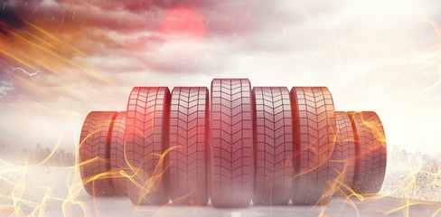Composite image of row of tyres 3d - Powered by Adobe