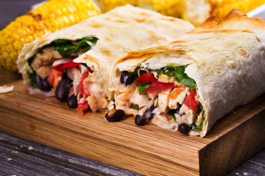 Chicken, Black Beans, Spinach and Tomato Burritos