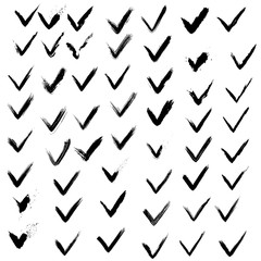 Set of hand drawn paint ink check marks. Grunge black and white elements. Abstract brush drawing. Vector illustration.