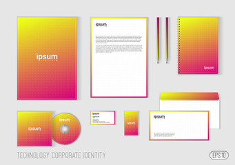 Corporate identity template for technology company, modern stationery template design for business. Brochure cover, letterhead, envelope, business card, pen, CD cover. Minimalistic brand identity.