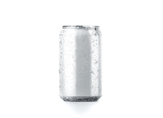 Blank cold aluminium beer can mockup with drops, 330 ml, 3d rendering. Empty fresh soda tin packing mock up with condensate, isolated on white. Canned dripping drink template. Cool fizzy pop package.