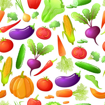 Colorful cartoon style seamless pattern of vegetables . Eco organic fresh template with vegetables for the decoration of menu. Vector.