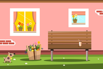 Pink House Facade with Windows and Bench