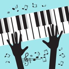 Hands Playing Piano with Notes. Vector Music Blue Background