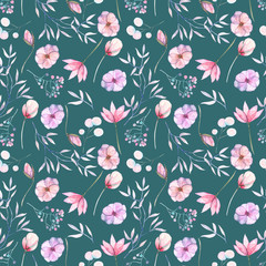 Fototapeta na wymiar Seamless floral pattern with the watercolor pink and purple flowers and leaves, hand painted isolated on a dark green background