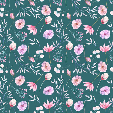 Seamless floral pattern with the watercolor pink and purple flowers and leaves, hand  painted isolated on a dark green background