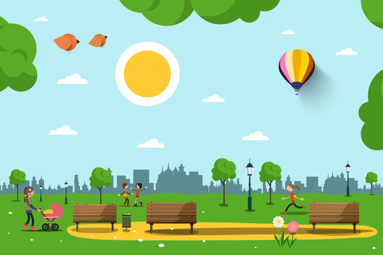Park with Benches, People and City Skyline Silhouette. Sunny Day in City. Nature Vector Illustration.