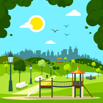 City Garden with Children's Playground and City Silhouette on Background. Sunny Day in Park.