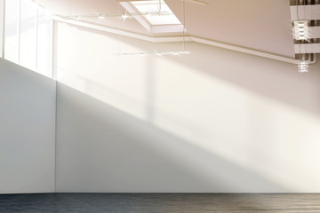 Fototapeta premium Blank white large wall mockup in sunny modern gallery, 3d rendering. Clear big loft mock up in museum with contemporary art exhibition. Huge hall interior with plain surface for exposition template.