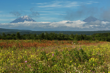 Summer view of Koryaksky and Avachinsky volcanoes shrouded in clouds.