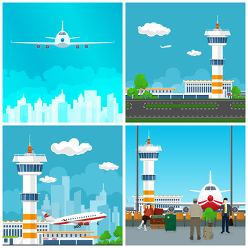 Airport Terminal , Waiting Room with People , Runway at the Airport with Control Tower ,Airplane Takes Off, Plane in the Sky, Travel and Tourism Concept, Vector Illustration