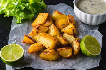 Grilled potatoes served with sald, sauce and lime