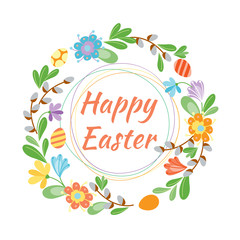 Happy easter hand drawn badge with hand lettering greeting decoration element and natural wreath handmade style vintage symbol spring flower vector illustration.