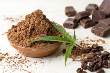 Cacao powder in a bowl, chocolate pieces and coffee