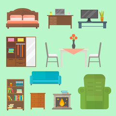 Furniture home decor icon set indoor cabinet interior room library office bookshelf modern restroom silhouette decoration vector illustration