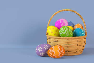 3D rendering illustration. Basket with eggs near the wall.