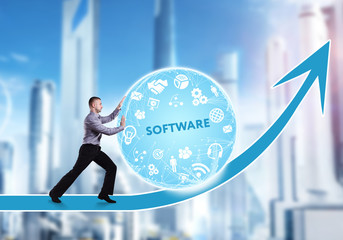 Technology, the Internet, business and network concept. A young businessman overcomes an obstacle to success: Software